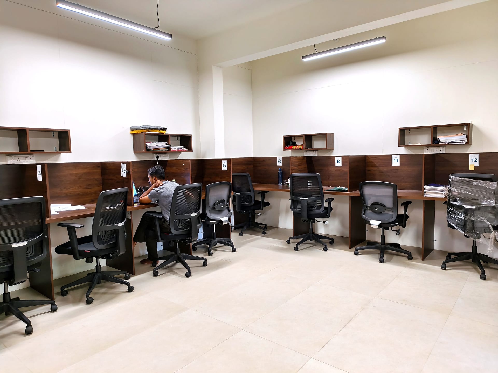Row of wooden study cabins